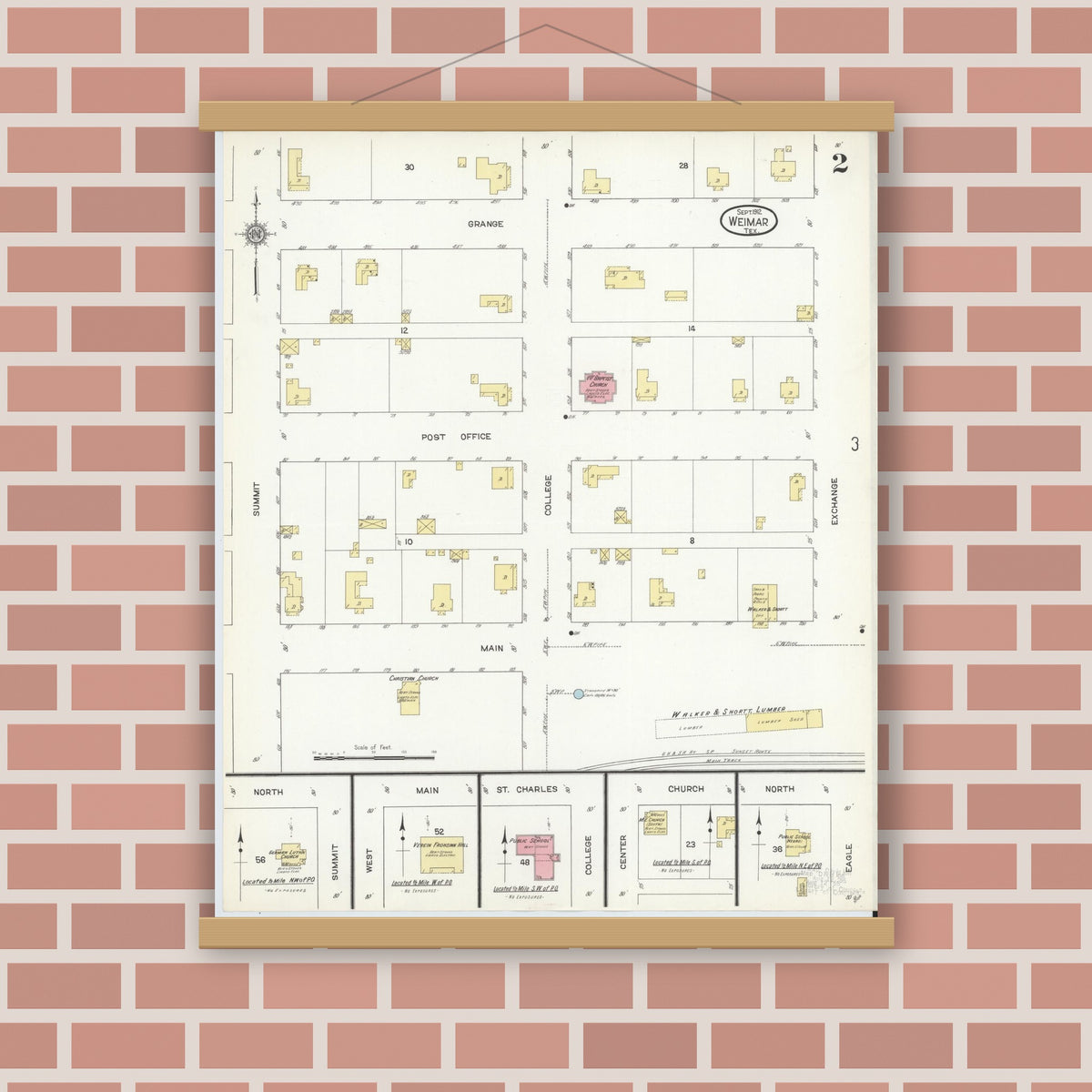 Old map wall art mockup — magnetic wood frame on brick wall — Sanborn Fire Insurance Map from Weimar, Colorado County, Texas (1912), Sheet #0002
