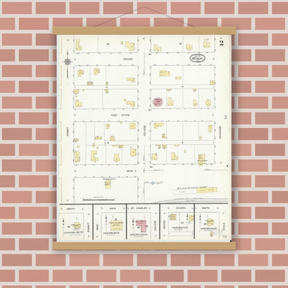 Old map wall art mockup — magnetic wood frame on brick wall — Sanborn Fire Insurance Map from Weimar, Colorado County, Texas (1912), Sheet #0002