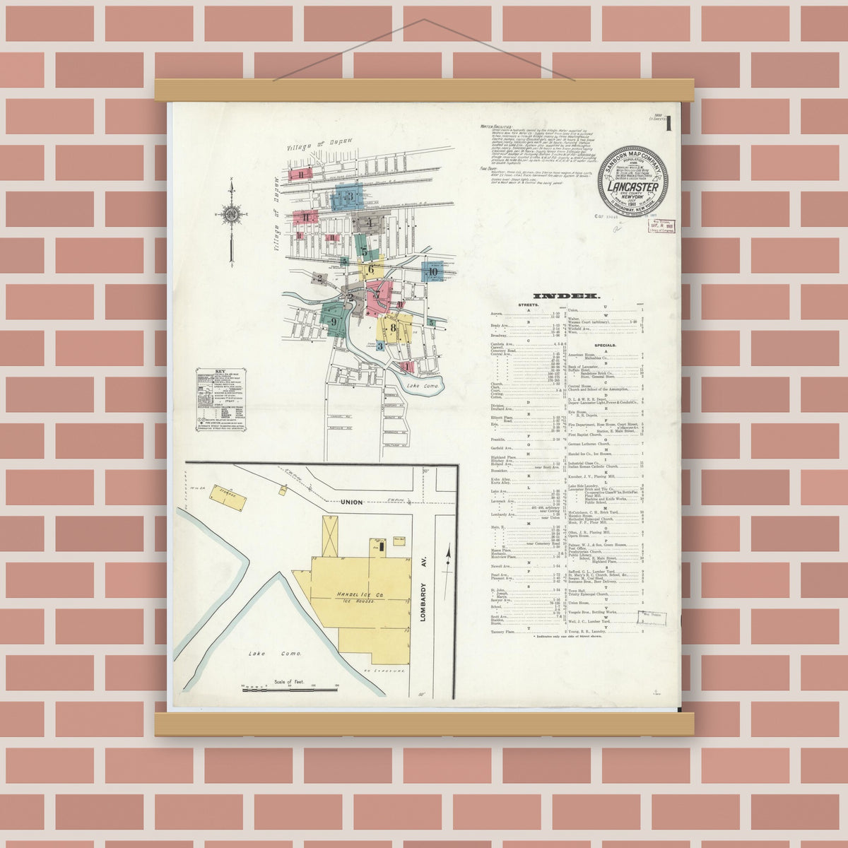 Old map wall art mockup — magnetic wood frame on brick wall — Sanborn Fire Insurance Map from Lancaster, Erie County, New York (1911), Sheet #0001