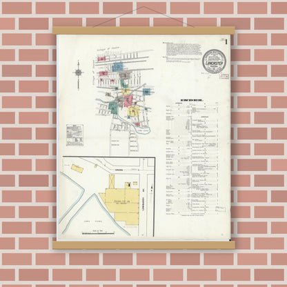 Old map wall art mockup — magnetic wood frame on brick wall — Sanborn Fire Insurance Map from Lancaster, Erie County, New York (1911), Sheet #0001