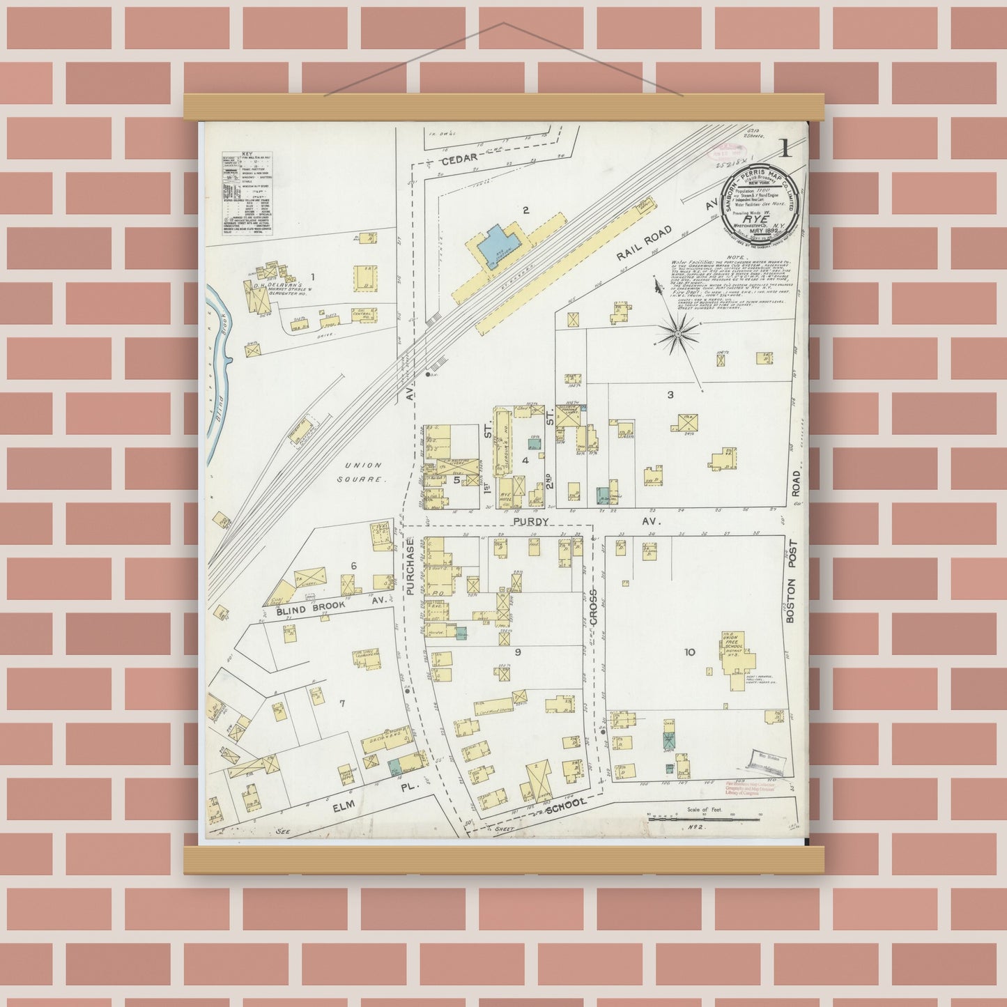 Old map wall art mockup — magnetic wood frame on brick wall — Sanborn Fire Insurance Map from Rye, Westchester County, New York (1892) - Complete Map Set