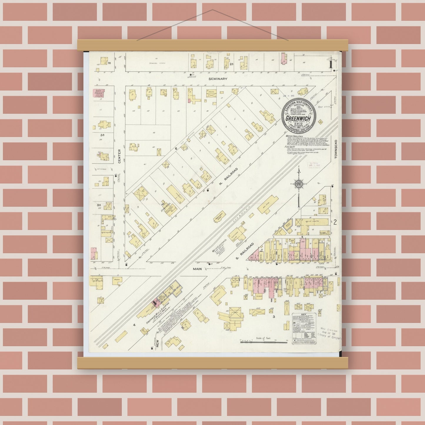 Old map wall art mockup — magnetic wood frame on brick wall — Sanborn Fire Insurance Map from Greenwich, Huron County, Ohio (1911) - Complete Map Set