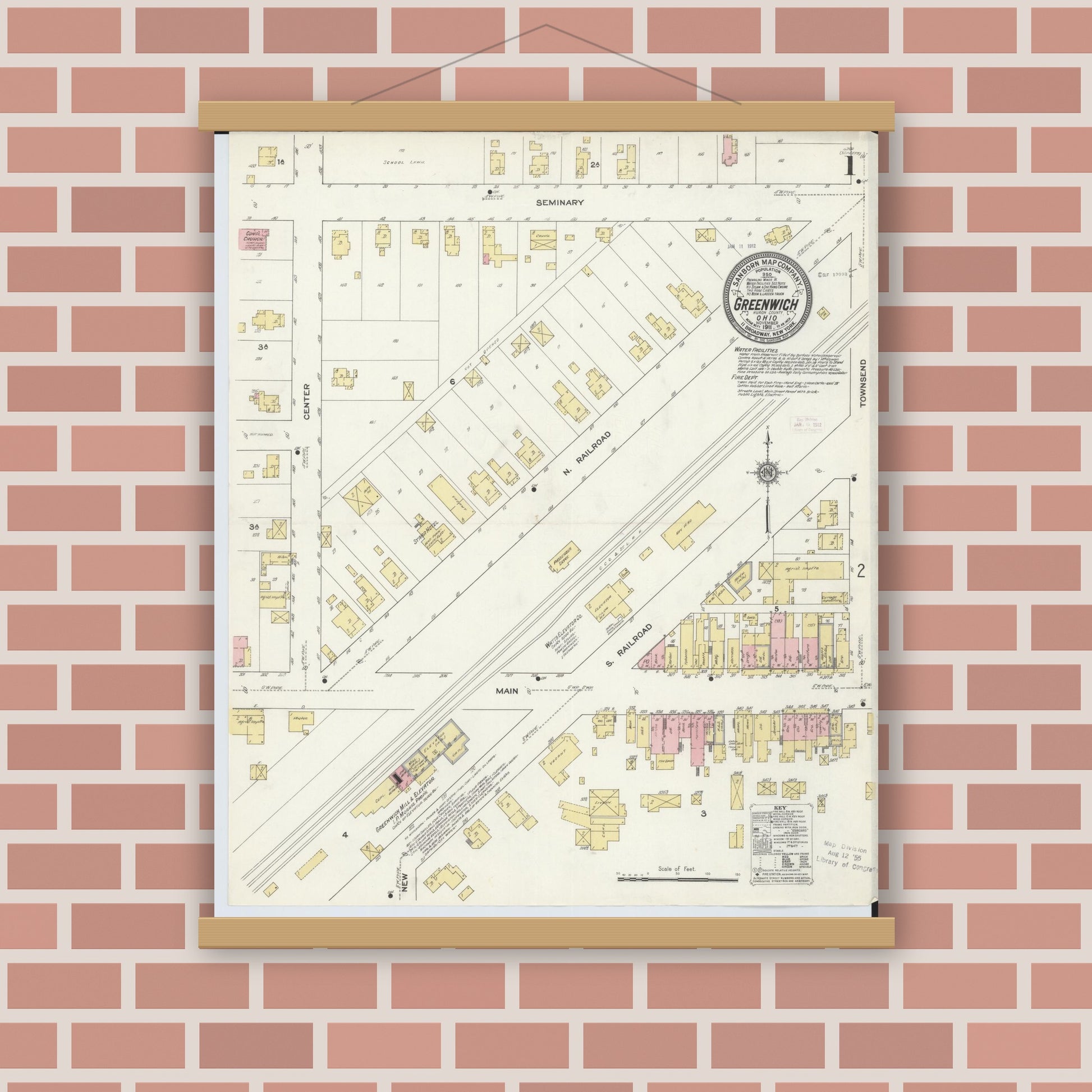 Old map wall art mockup — magnetic wood frame on brick wall — Sanborn Fire Insurance Map from Greenwich, Huron County, Ohio (1911) - Complete Map Set