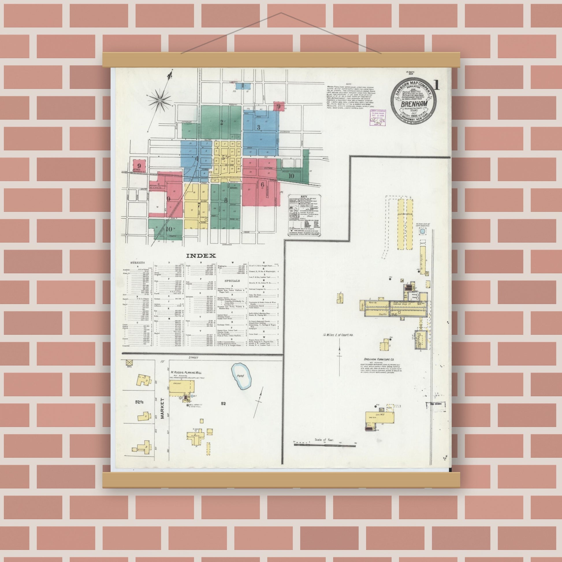 Old map wall art mockup — magnetic wood frame on brick wall — Sanborn Fire Insurance Map from Brenham, Washington County, Texas (1906), Sheet #0001