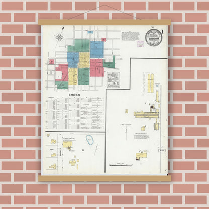Old map wall art mockup — magnetic wood frame on brick wall — Sanborn Fire Insurance Map from Brenham, Washington County, Texas (1906), Sheet #0001