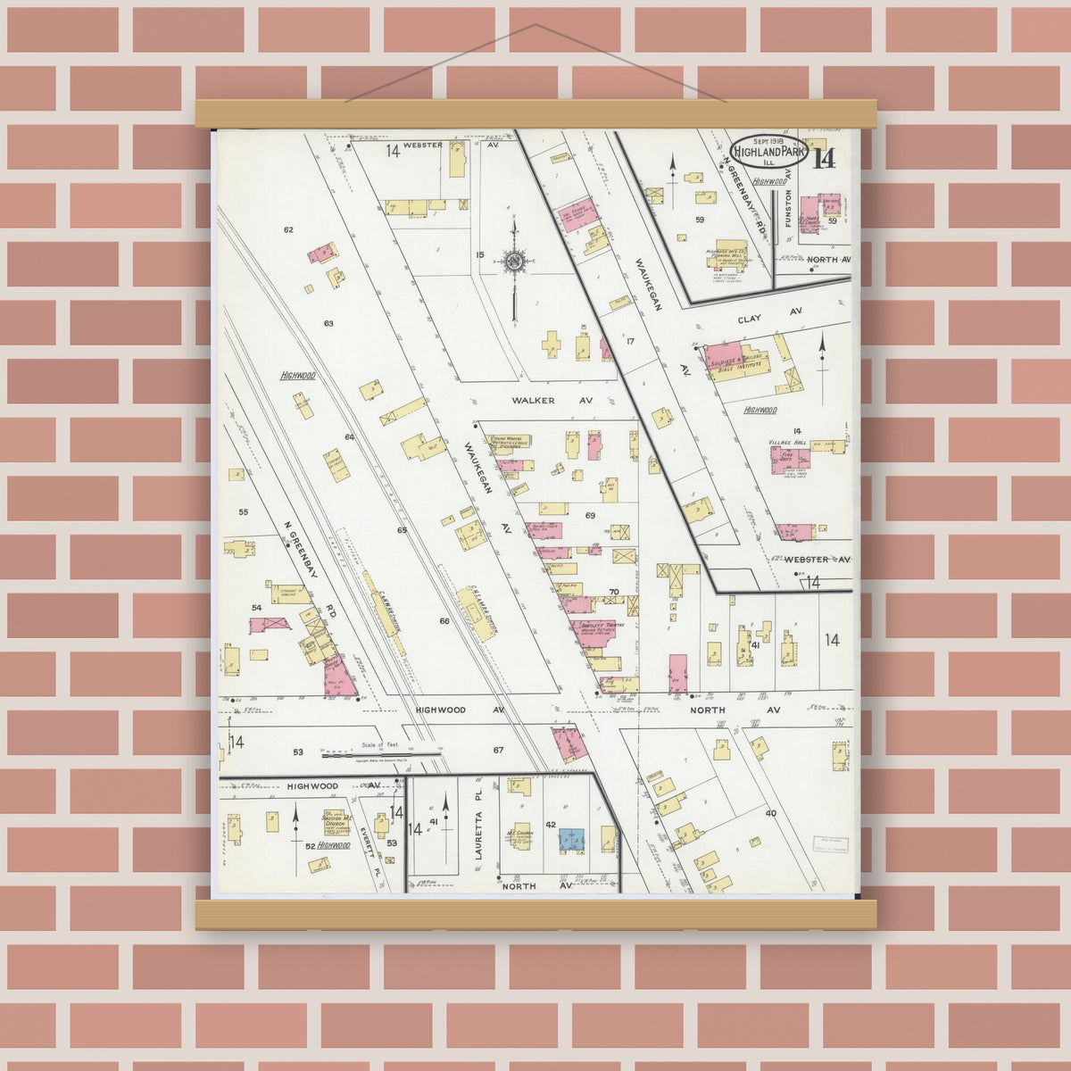 Old map wall art mockup — magnetic wood frame on brick wall — Sanborn Fire Insurance Map from Highland Park, Lake County, Illinois (1918), Sheet #0014