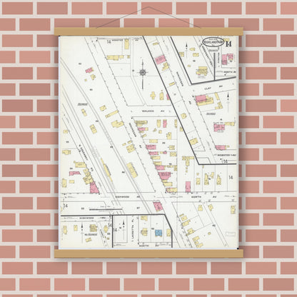 Old map wall art mockup — magnetic wood frame on brick wall — Sanborn Fire Insurance Map from Highland Park, Lake County, Illinois (1918), Sheet #0014
