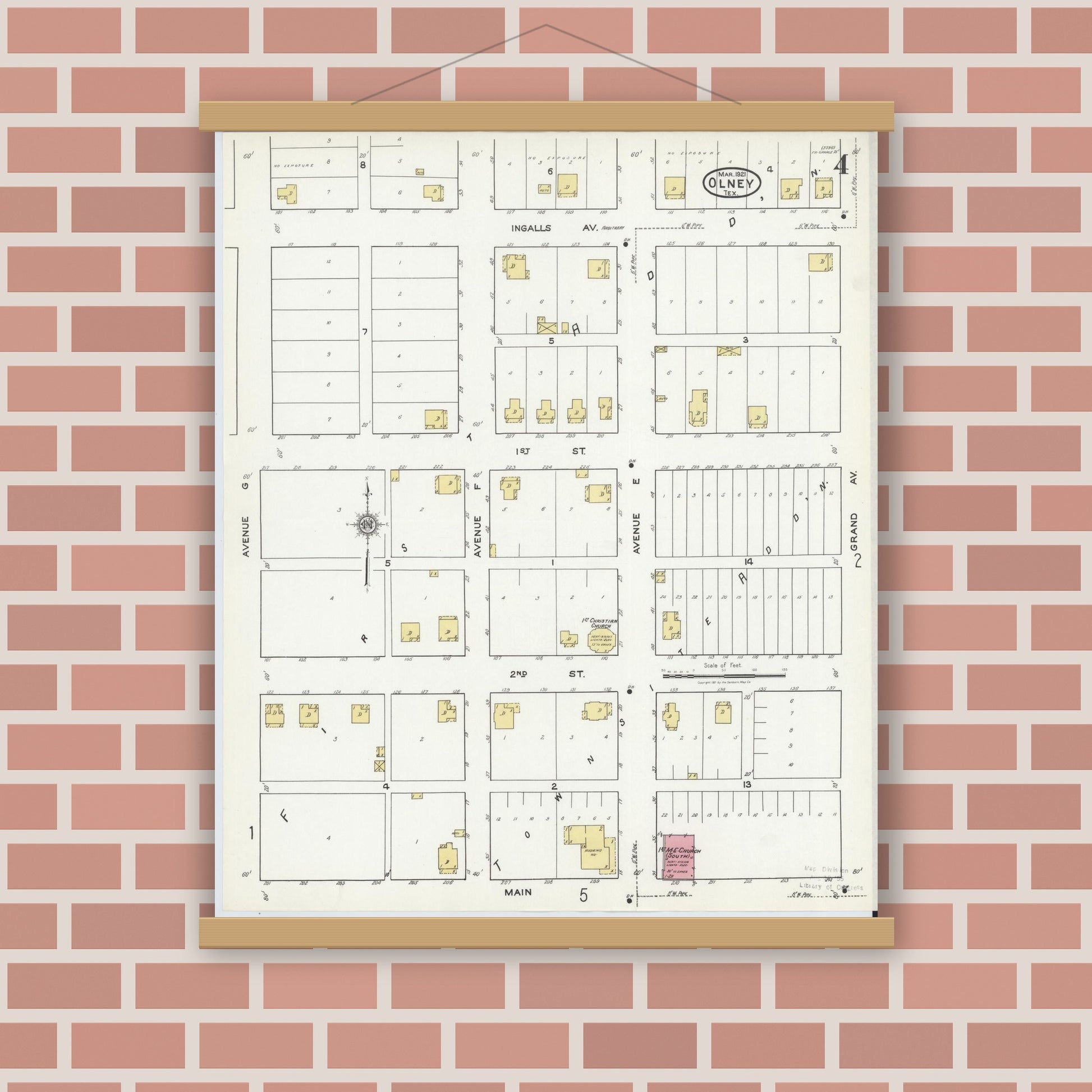 Old map wall art mockup — magnetic wood frame on brick wall — Sanborn Fire Insurance Map from Olney, Young County, Texas (1921), Sheet #0004