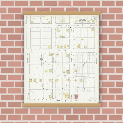 Old map wall art mockup — magnetic wood frame on brick wall — Sanborn Fire Insurance Map from Olney, Young County, Texas (1921), Sheet #0004