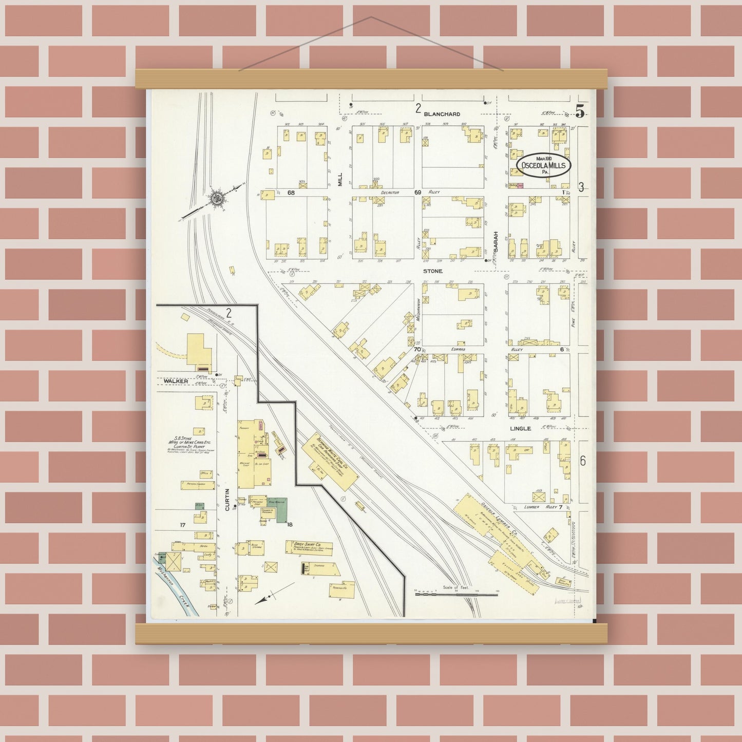 Old map wall art mockup — magnetic wood frame on brick wall — Sanborn Fire Insurance Map from Osceola Mills, Clearfield County, Pennsylvania (1910), Sheet #0005