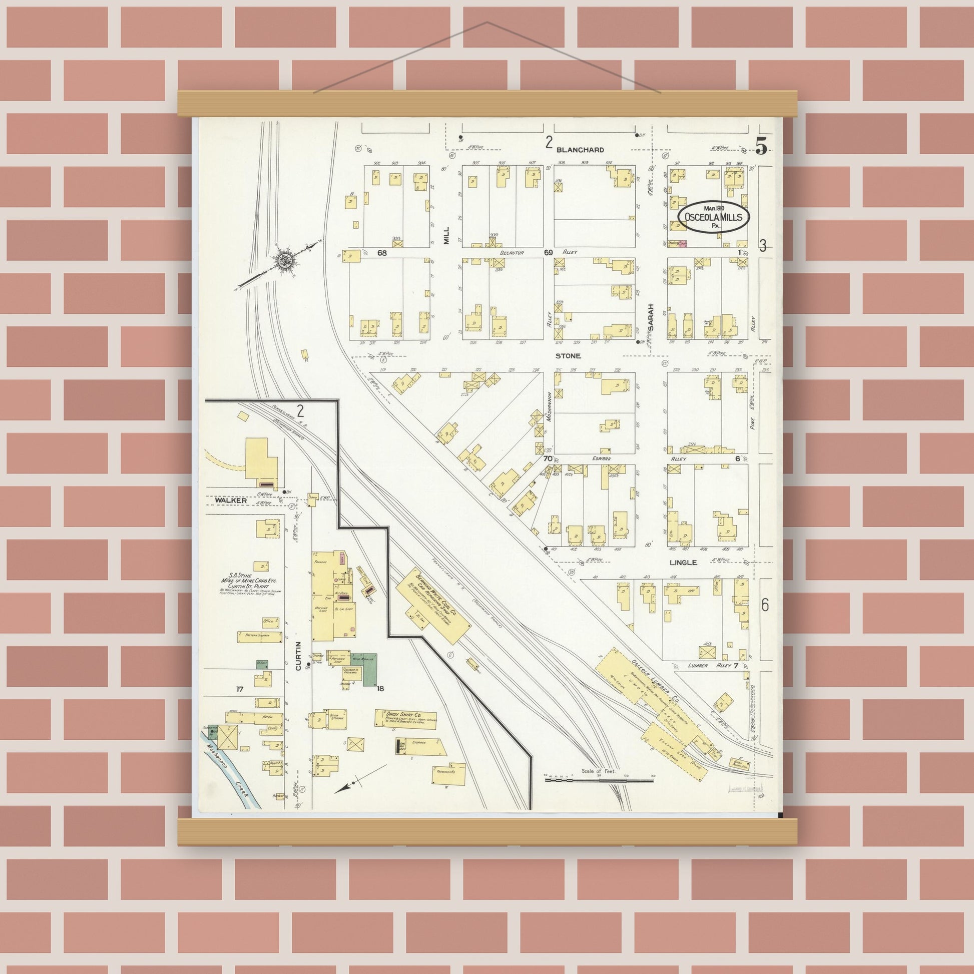 Old map wall art mockup — magnetic wood frame on brick wall — Sanborn Fire Insurance Map from Osceola Mills, Clearfield County, Pennsylvania (1910), Sheet #0005