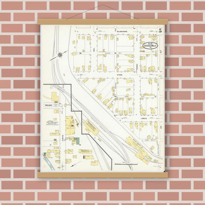Old map wall art mockup — magnetic wood frame on brick wall — Sanborn Fire Insurance Map from Osceola Mills, Clearfield County, Pennsylvania (1910), Sheet #0005