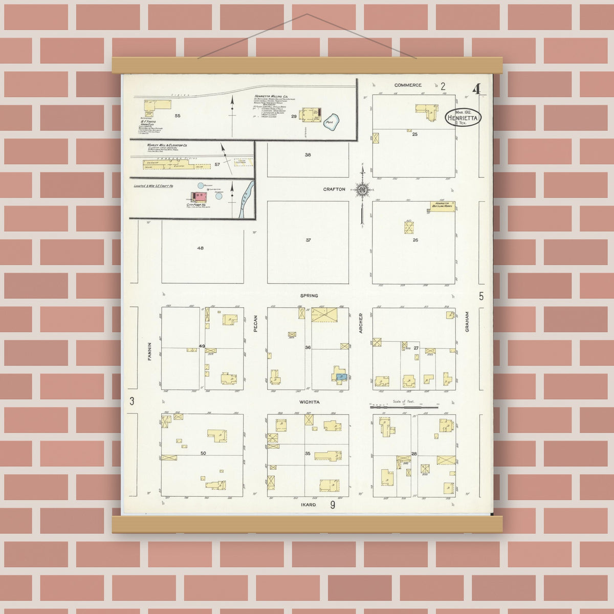 Old map wall art mockup — magnetic wood frame on brick wall — Sanborn Fire Insurance Map from Henrietta, Clay County, Texas (1912), Sheet #0004