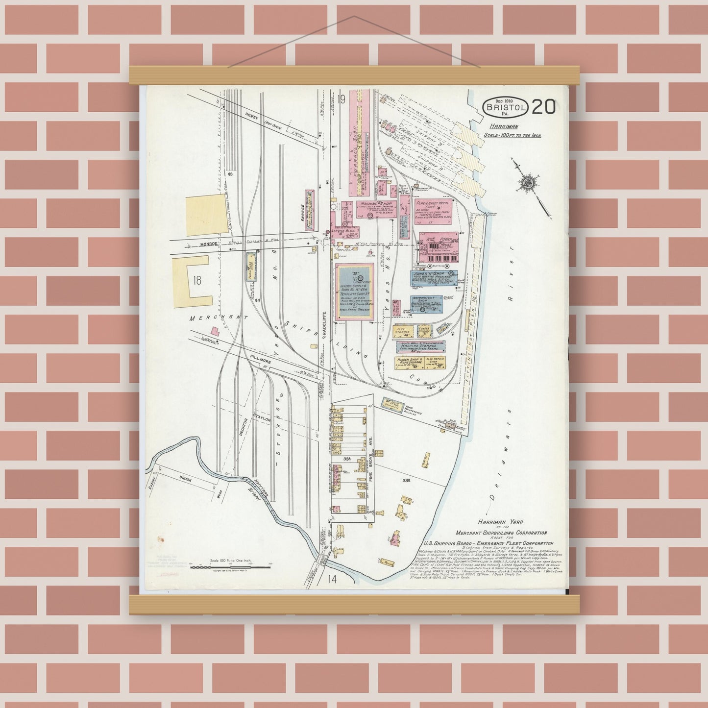 Old map wall art mockup — magnetic wood frame on brick wall — Sanborn Fire Insurance Map from Bristol, Bucks County, Pennsylvania (1927), Sheet #0020