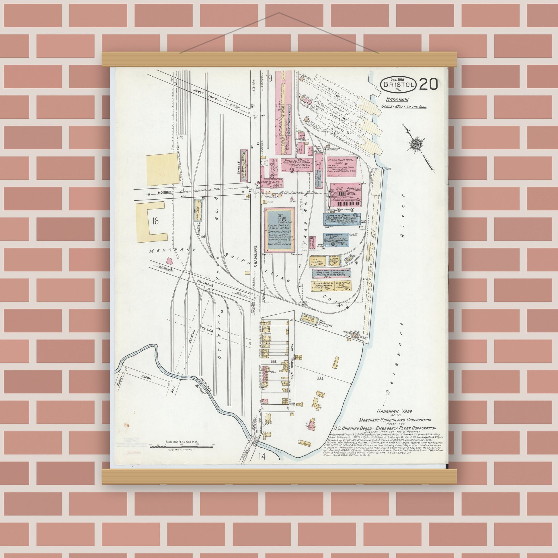 Old map wall art mockup — magnetic wood frame on brick wall — Sanborn Fire Insurance Map from Bristol, Bucks County, Pennsylvania (1927), Sheet #0020