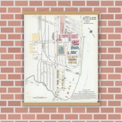Old map wall art mockup — magnetic wood frame on brick wall — Sanborn Fire Insurance Map from Bristol, Bucks County, Pennsylvania (1927), Sheet #0020