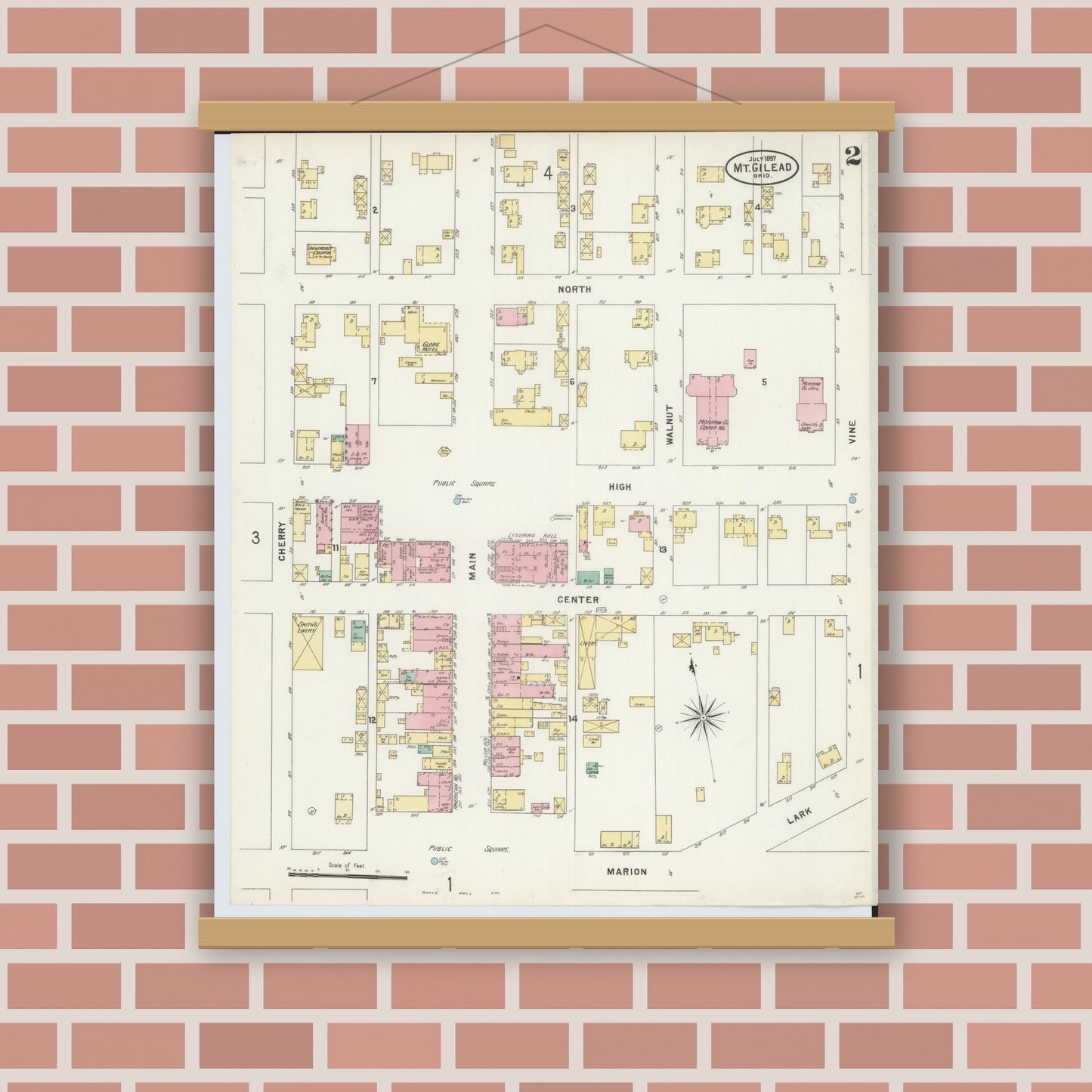 Old map wall art mockup — magnetic wood frame on brick wall — Sanborn Fire Insurance Map from Mount Gilead, Morrow County, Ohio (1897), Sheet #0002