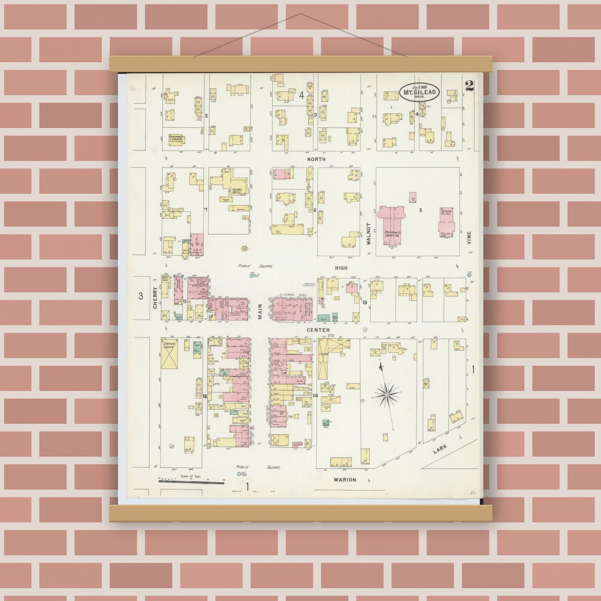 Old map wall art mockup — magnetic wood frame on brick wall — Sanborn Fire Insurance Map from Mount Gilead, Morrow County, Ohio (1897), Sheet #0002
