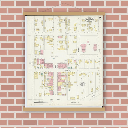 Old map wall art mockup — magnetic wood frame on brick wall — Sanborn Fire Insurance Map from Mount Gilead, Morrow County, Ohio (1897), Sheet #0002