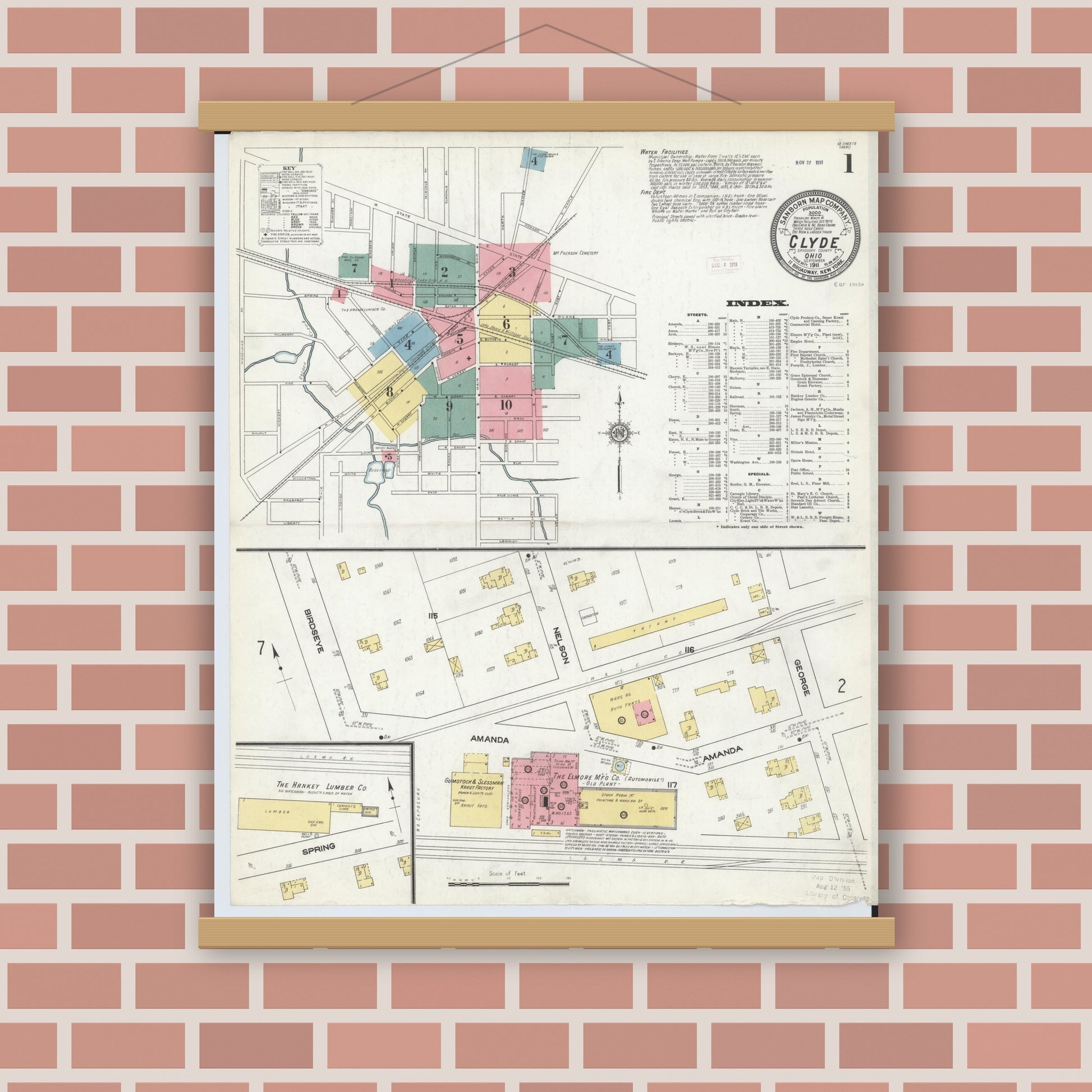 Old map wall art mockup — magnetic wood frame on brick wall — Sanborn Fire Insurance Map from Clyde, Sandusky County, Ohio (1911) - Complete Map Set