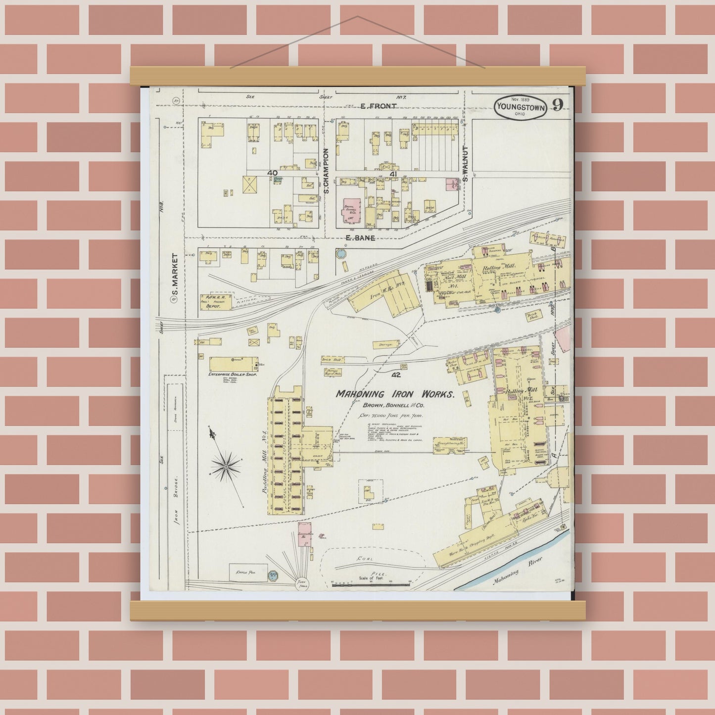 Old map wall art mockup — magnetic wood frame on brick wall — Sanborn Fire Insurance Map from Youngstown, Mahoning County, Ohio (1889), Sheet #0009