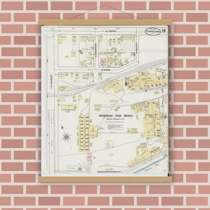Old map wall art mockup — magnetic wood frame on brick wall — Sanborn Fire Insurance Map from Youngstown, Mahoning County, Ohio (1889), Sheet #0009