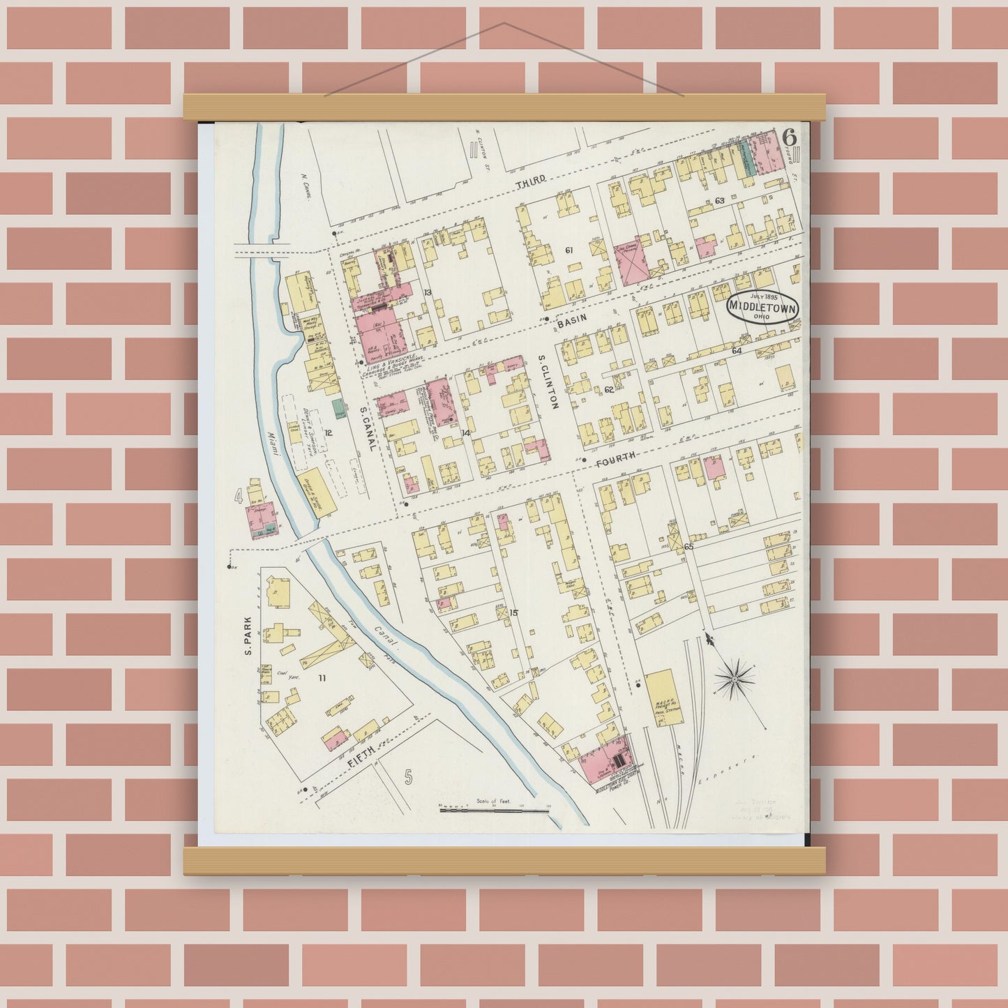 Old map wall art mockup — magnetic wood frame on brick wall — Sanborn Fire Insurance Map from Middletown, Butler County, Ohio (1895), Sheet #0006