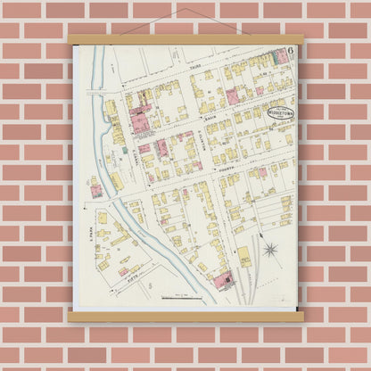 Old map wall art mockup — magnetic wood frame on brick wall — Sanborn Fire Insurance Map from Middletown, Butler County, Ohio (1895), Sheet #0006