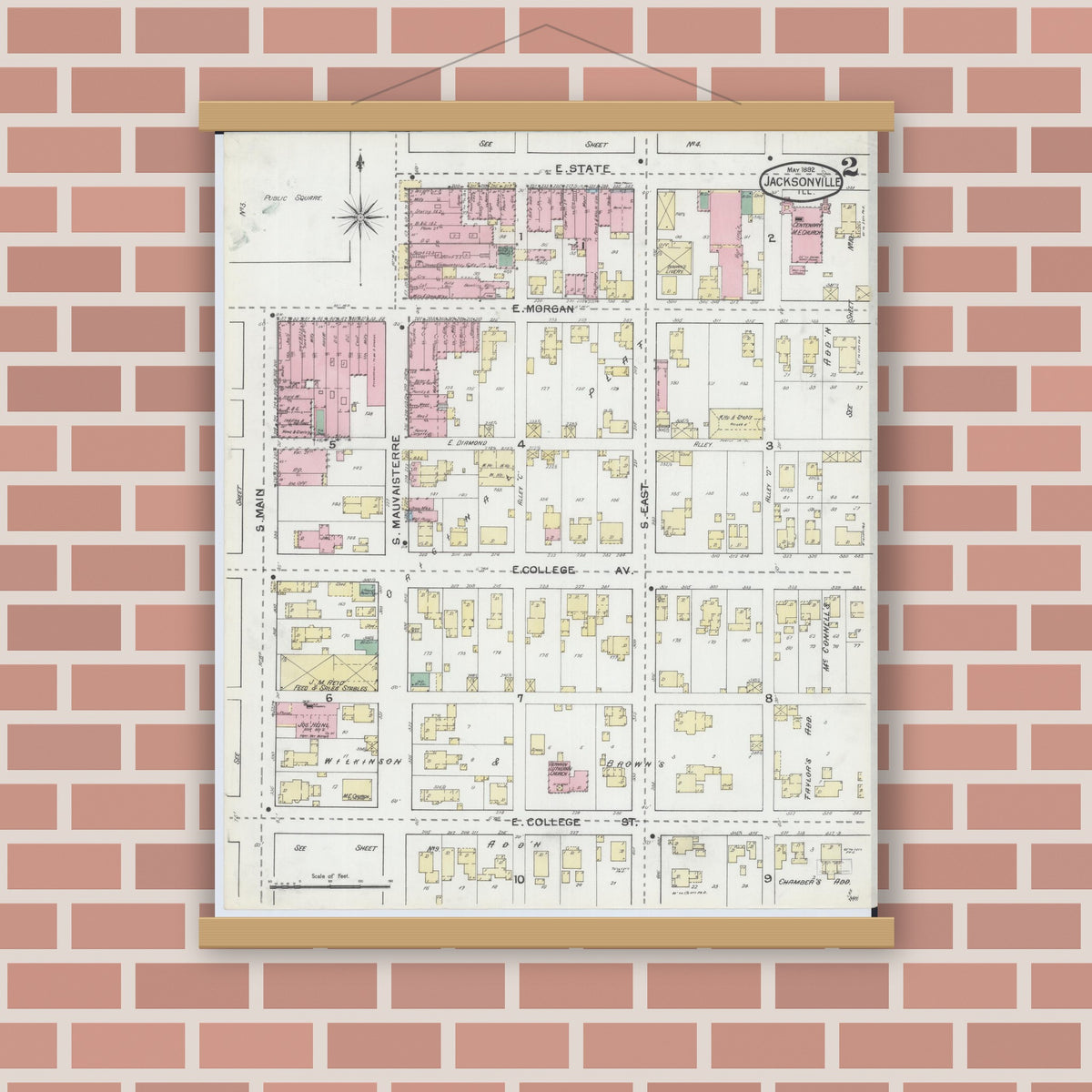 Old map wall art mockup — magnetic wood frame on brick wall — Sanborn Fire Insurance Map from Jacksonville, Morgan County, Illinois (1892), Sheet #0002