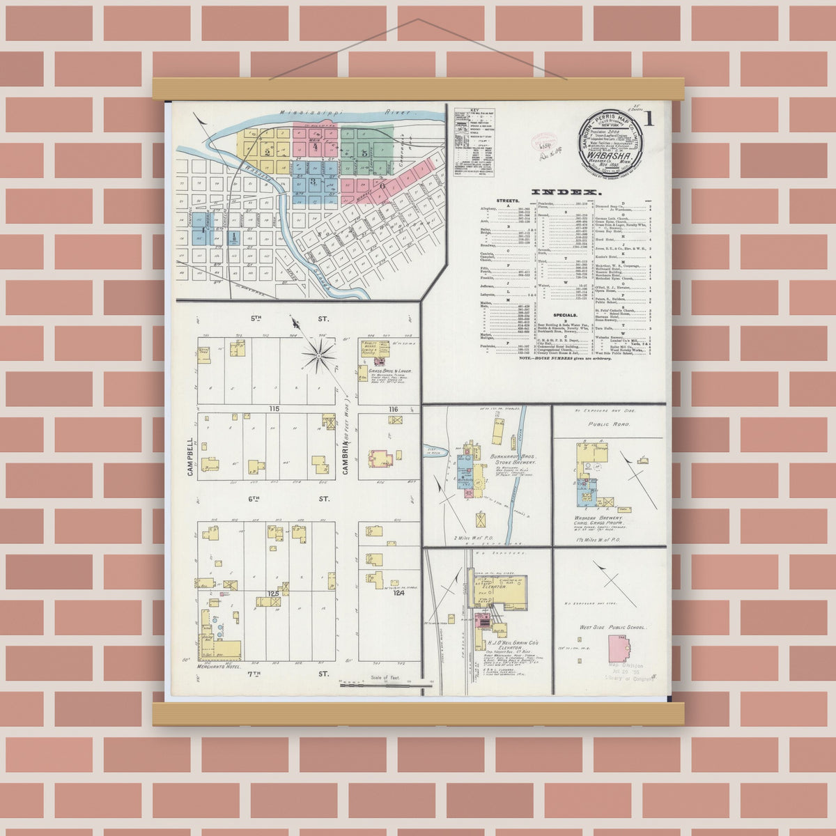 Old map wall art mockup — magnetic wood frame on brick wall — Sanborn Fire Insurance Map from Wabasha, Wabasha County, Minnesota (1895), Sheet #0001