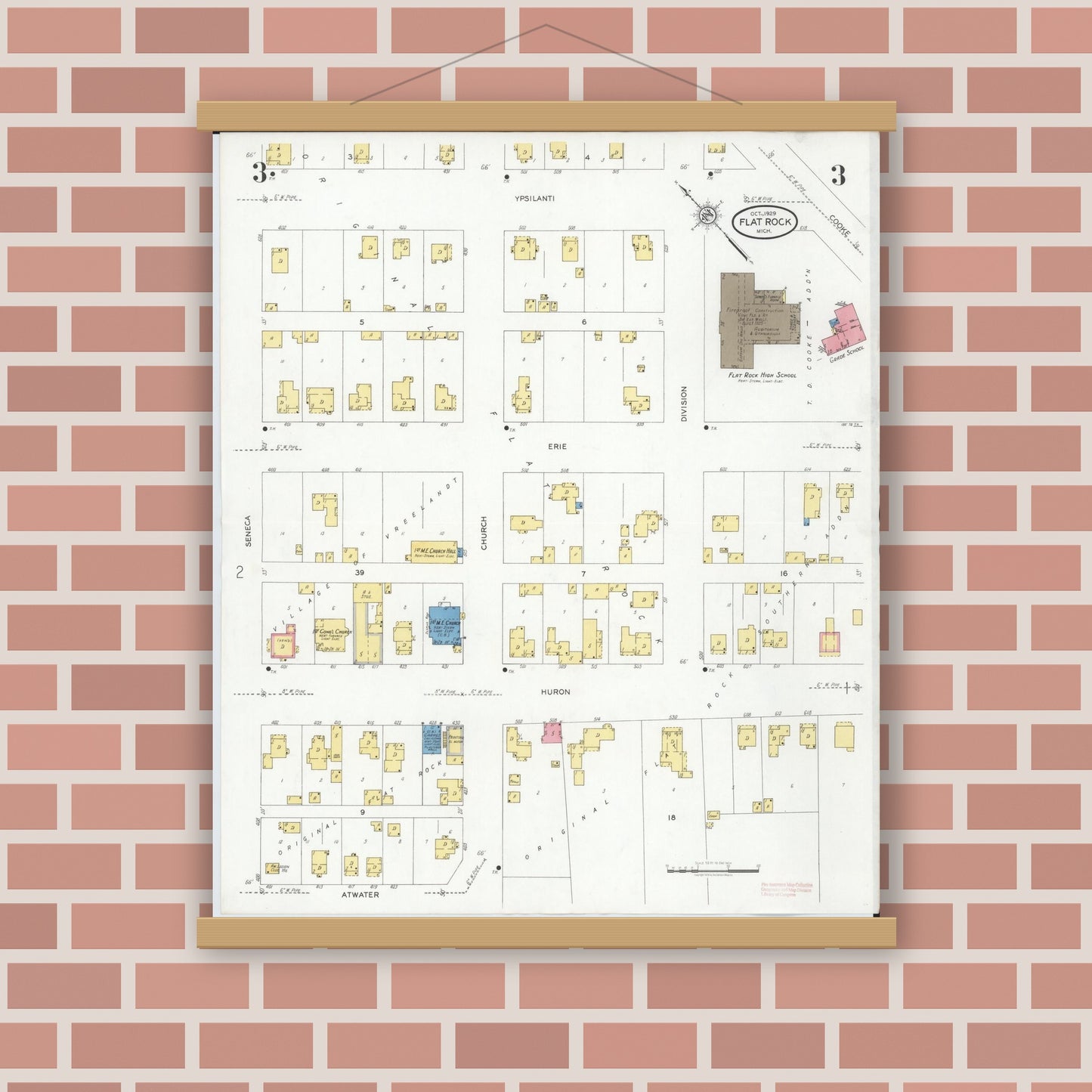 Old map wall art mockup — magnetic wood frame on brick wall — Sanborn Fire Insurance Map from Flat Rock, Wayne County, Michigan (1929), Sheet #0003