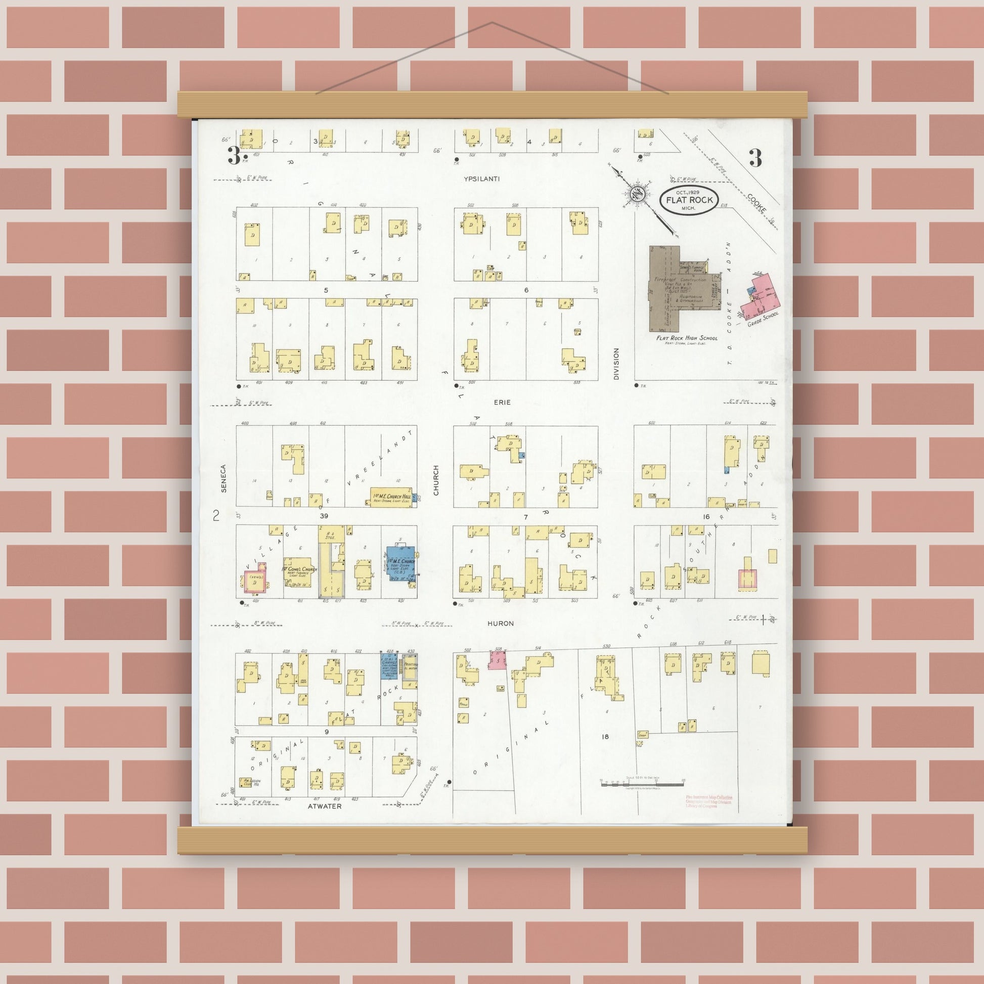 Old map wall art mockup — magnetic wood frame on brick wall — Sanborn Fire Insurance Map from Flat Rock, Wayne County, Michigan (1929), Sheet #0003