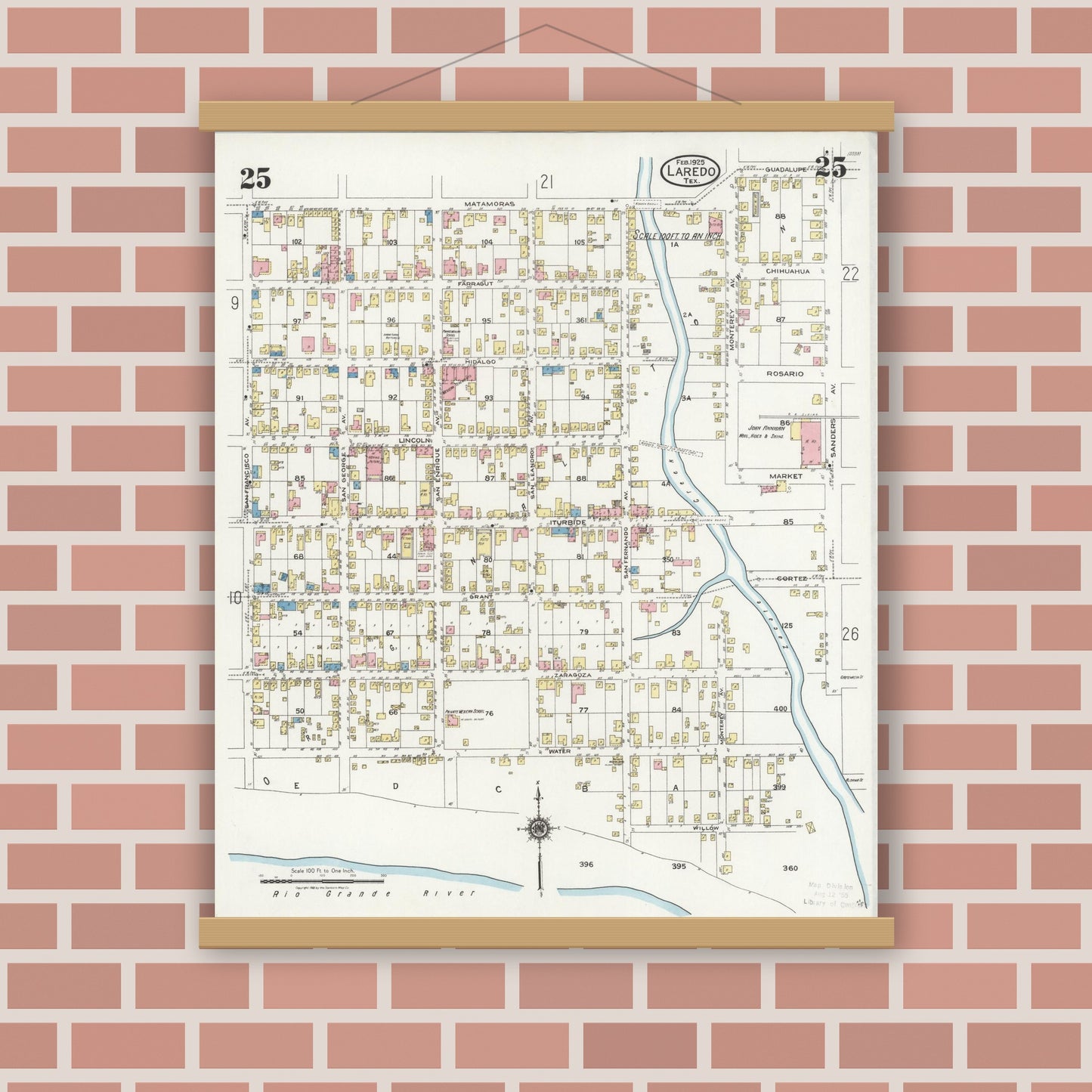 Old map wall art mockup — magnetic wood frame on brick wall — Sanborn Fire Insurance Map from Laredo, Webb County, Texas (1925), Sheet #0025