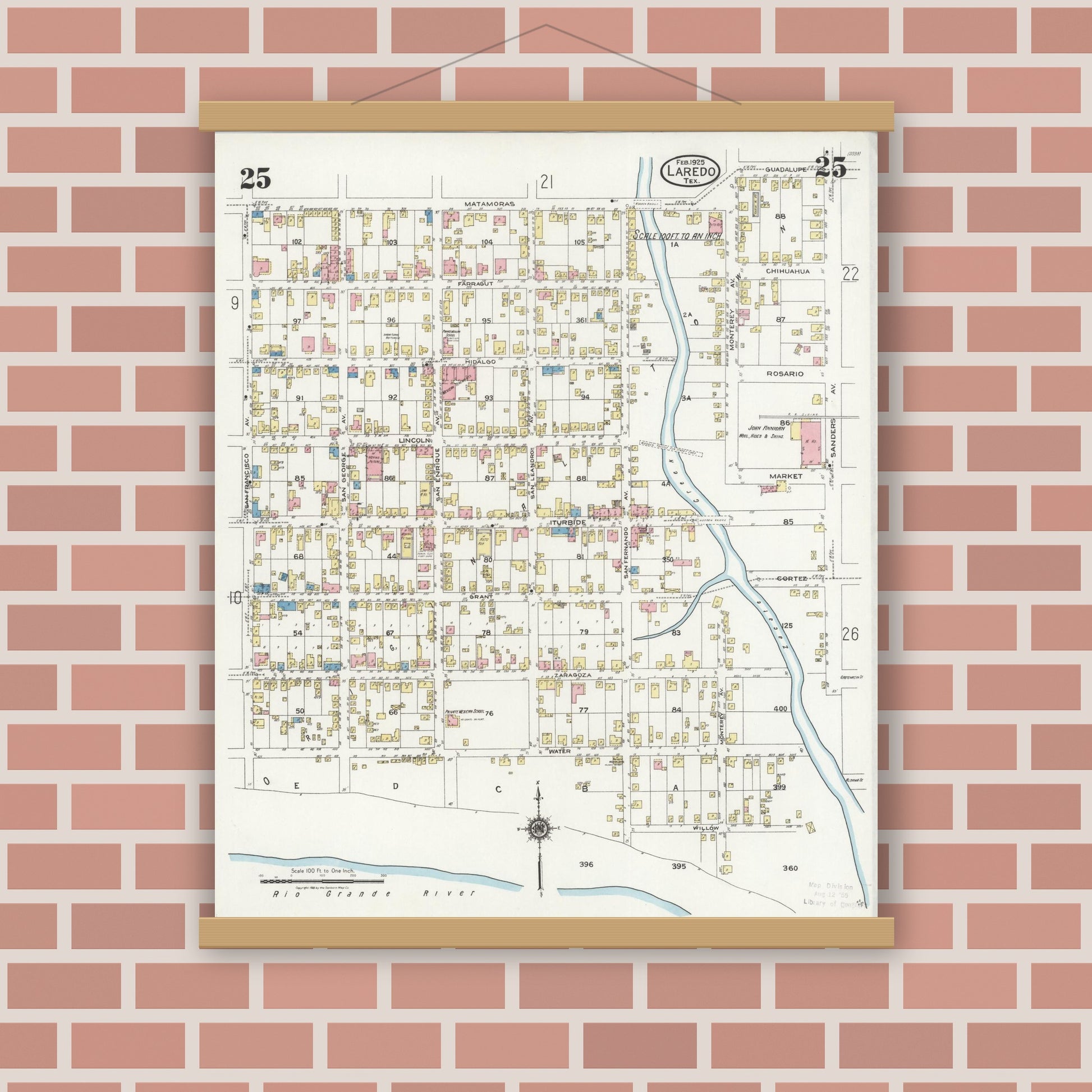Old map wall art mockup — magnetic wood frame on brick wall — Sanborn Fire Insurance Map from Laredo, Webb County, Texas (1925), Sheet #0025