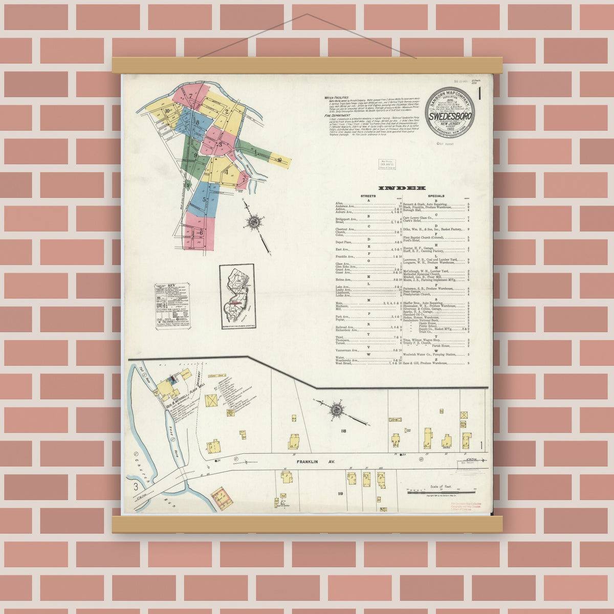 Old map wall art mockup — magnetic wood frame on brick wall — Sanborn Fire Insurance Map from Swedesboro, Gloucester County, New Jersey (1920), Sheet #0001