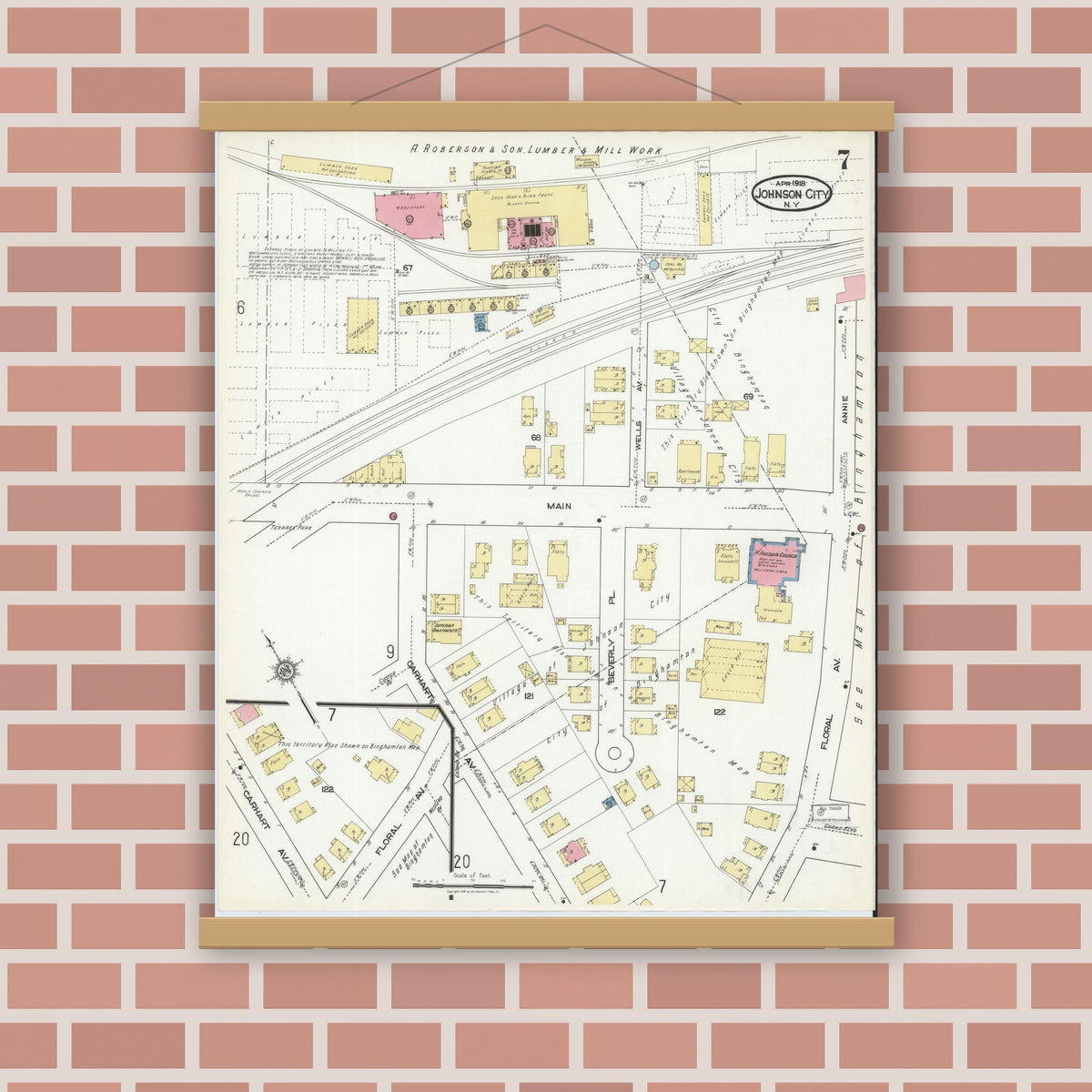 Old map wall art mockup — magnetic wood frame on brick wall — Sanborn Fire Insurance Map from Johnson City, Broome County, New York (1918), Sheet #0007