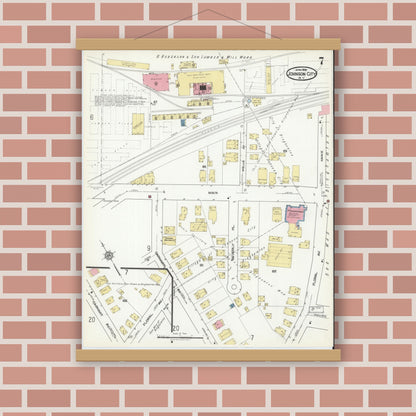 Old map wall art mockup — magnetic wood frame on brick wall — Sanborn Fire Insurance Map from Johnson City, Broome County, New York (1918), Sheet #0007