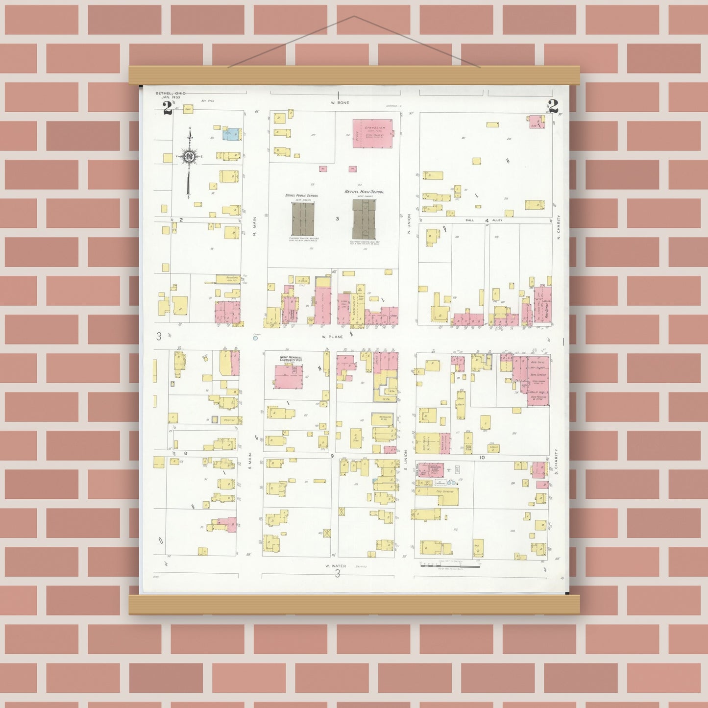 Old map wall art mockup — magnetic wood frame on brick wall — Sanborn Fire Insurance Map from Bethel, Clermont County, Ohio (1933), Sheet #0002