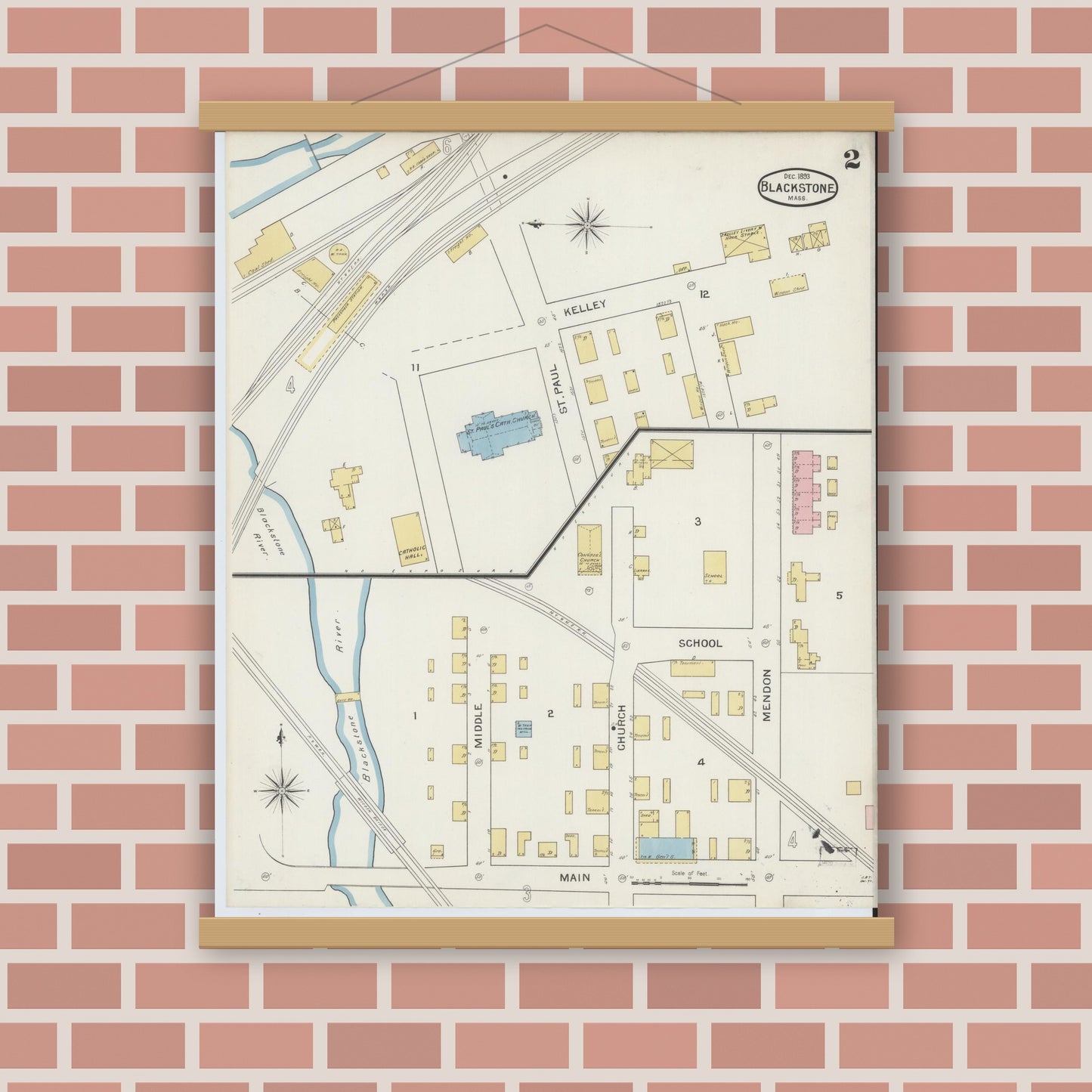 Old map wall art mockup — magnetic wood frame on brick wall — Sanborn Fire Insurance Map from Blackstone, Worcester County, Massachusetts (1893), Sheet #0002