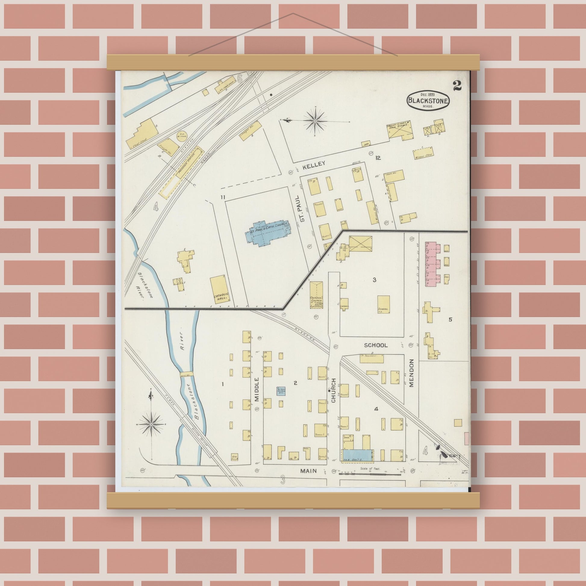 Old map wall art mockup — magnetic wood frame on brick wall — Sanborn Fire Insurance Map from Blackstone, Worcester County, Massachusetts (1893), Sheet #0002