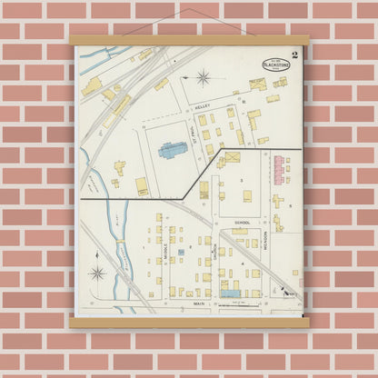 Old map wall art mockup — magnetic wood frame on brick wall — Sanborn Fire Insurance Map from Blackstone, Worcester County, Massachusetts (1893), Sheet #0002
