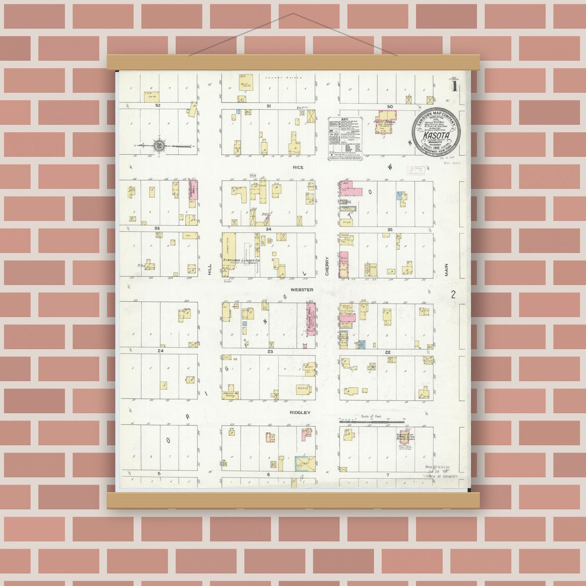 Old map wall art mockup — magnetic wood frame on brick wall — Sanborn Fire Insurance Map from Kasota, Le Sueur County, Minnesota (1910) - Complete Map Set