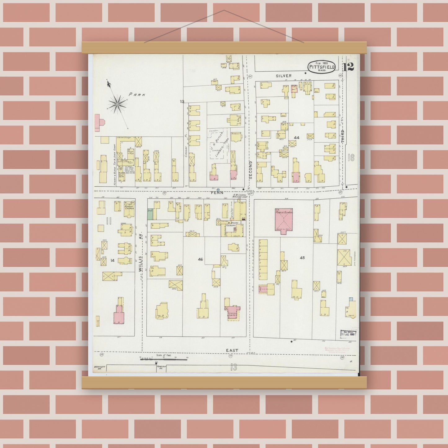 Old map wall art mockup — magnetic wood frame on brick wall — Sanborn Fire Insurance Map from Pittsfield, Berkshire County, Massachusetts (1895), Sheet #0012