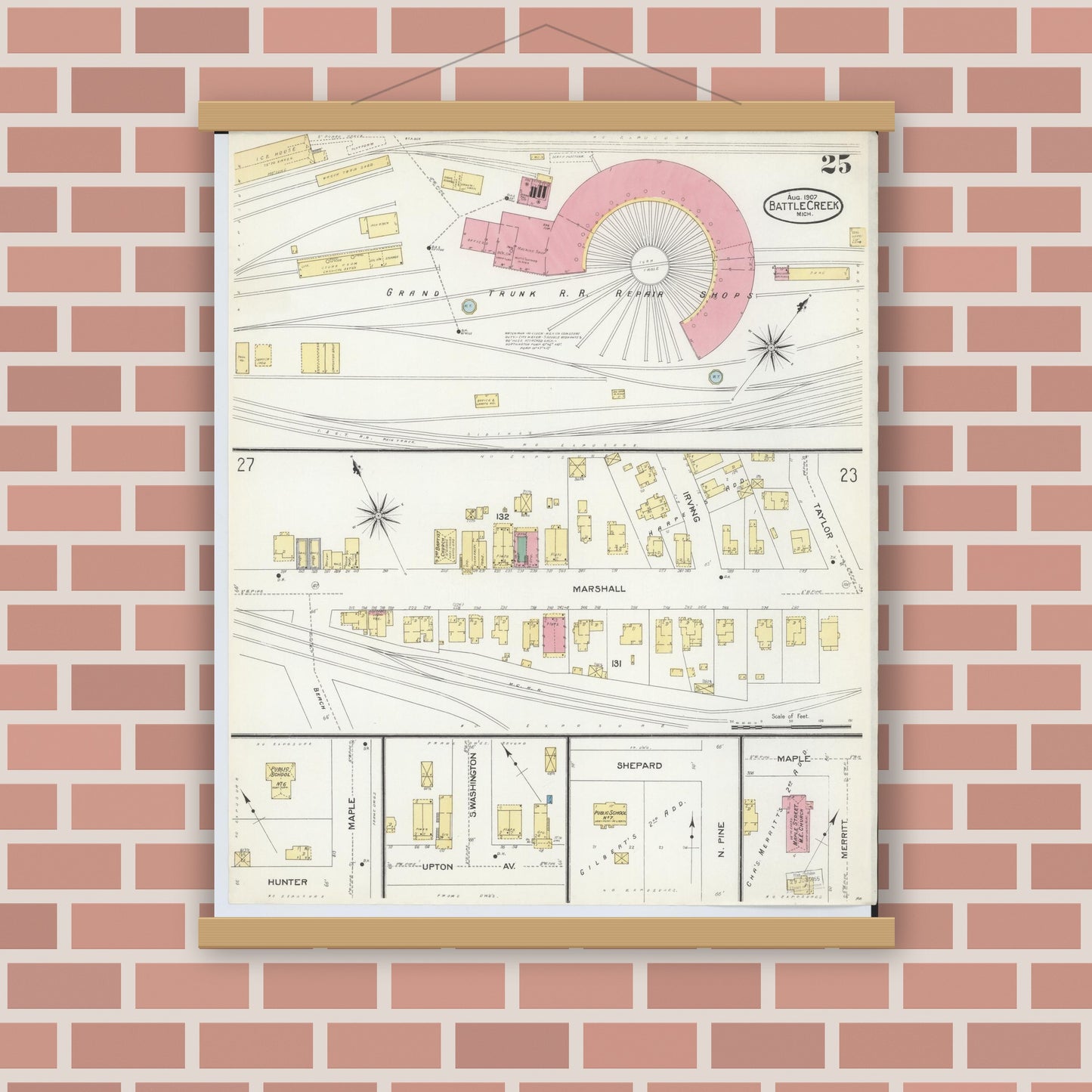Old map wall art mockup — magnetic wood frame on brick wall — Sanborn Fire Insurance Map from Battle Creek, Calhoun County, Michigan (1907), Sheet #0025