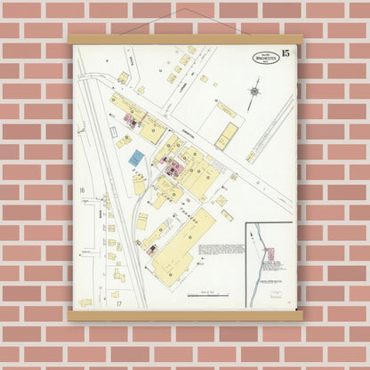 Old map wall art mockup — magnetic wood frame on brick wall — Sanborn Fire Insurance Map from Winchester, Middlesex County, Massachusetts (1910), Sheet #0015