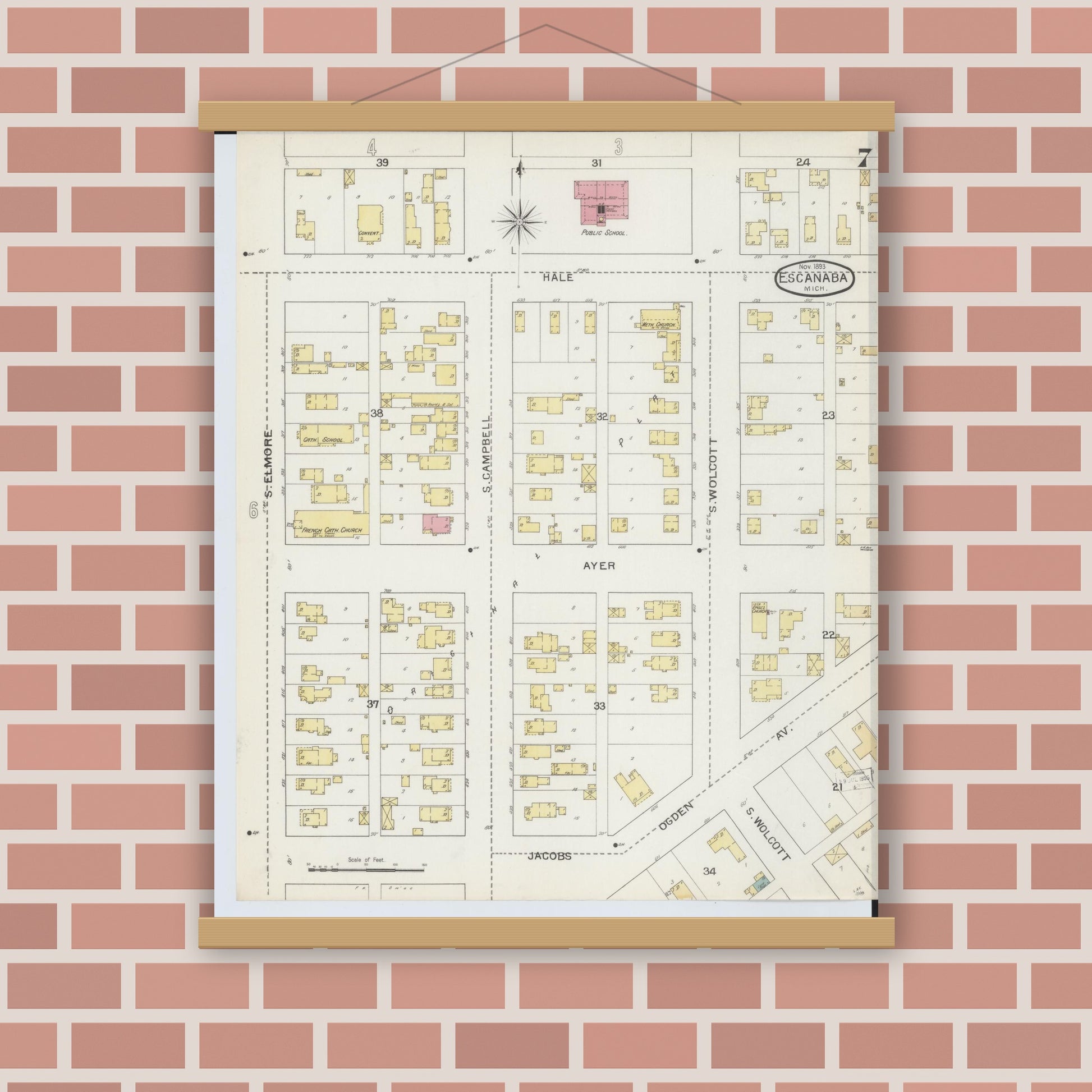 Old map wall art mockup — magnetic wood frame on brick wall — Sanborn Fire Insurance Map from Escanaba, Delta County, Michigan (1893), Sheet #0007