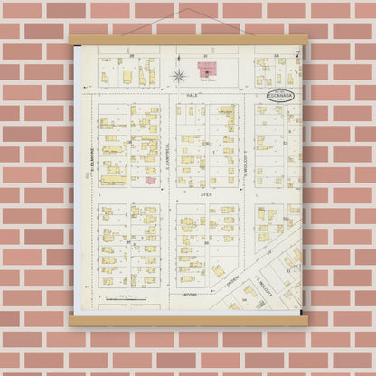 Old map wall art mockup — magnetic wood frame on brick wall — Sanborn Fire Insurance Map from Escanaba, Delta County, Michigan (1893), Sheet #0007