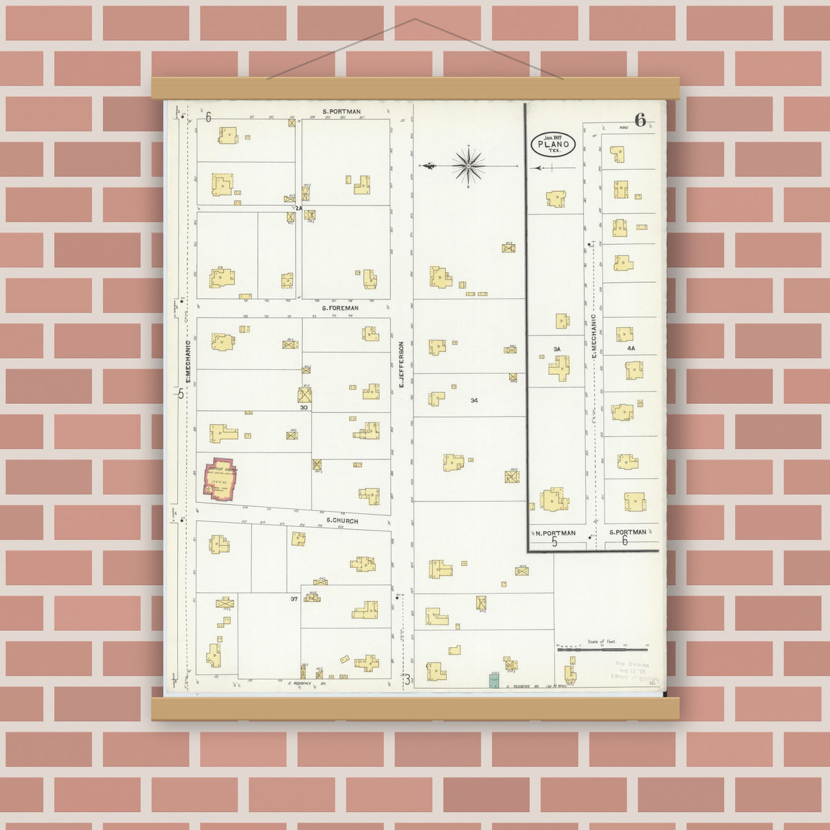Old map wall art mockup — magnetic wood frame on brick wall — Sanborn Fire Insurance Map from Plano, Collin County, Texas (1907), Sheet #0006