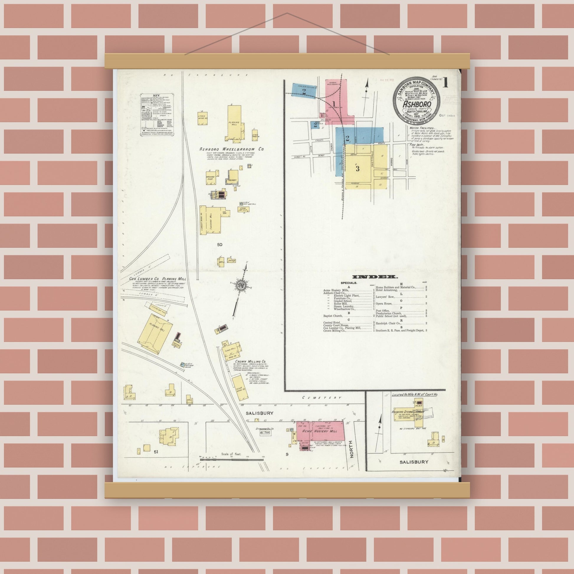 Old map wall art mockup — magnetic wood frame on brick wall — Sanborn Fire Insurance Map from Asheboro, Randolph County, North Carolina (1910) - Complete Map Set