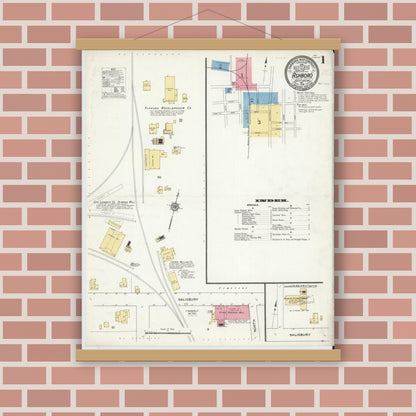 Old map wall art mockup — magnetic wood frame on brick wall — Sanborn Fire Insurance Map from Asheboro, Randolph County, North Carolina (1910) - Complete Map Set